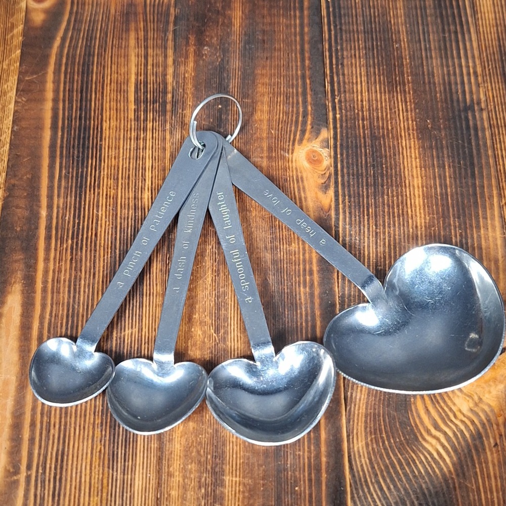 Kate Aspen Silver Metal Heart Shaped Measuring Spoons Set 4pc Engraved Sayings